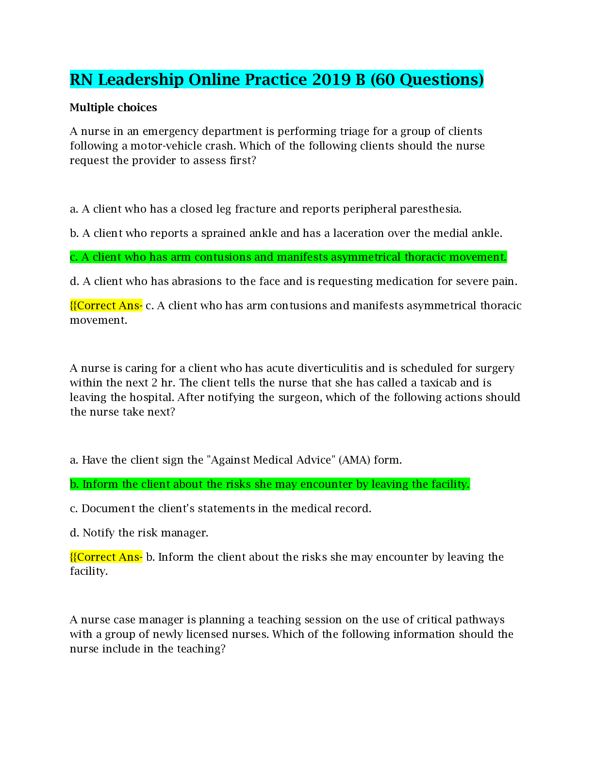 Preview image for RN Leadership Online Practice 2019 B